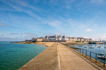 Fototapeta na wymiar St Malo, Panorama Seaside View over the walled city Saint-Malo medieval privateers fortress and St Vincent Cathedral, Brittany, France