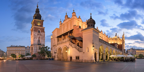 Panorama of Townhall and Cloth Hall in the Morning, Krakow, Poland