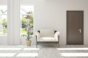 Idea of white room with armchair and summer landscape in window. Scandinavian interior design. 3D illustration