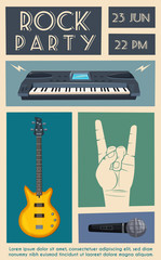 Rock music poster. Old school party. Cartoon vector illustration.