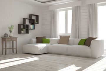 Idea of white minimalist room with sofa. Scandinavian interior design. 3D illustration