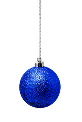 Hanging blue christmas ball isolated on a white