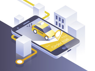 Taxi service mobile application. Isometric city and car on smart phone. Navigate application. Vector illustration.