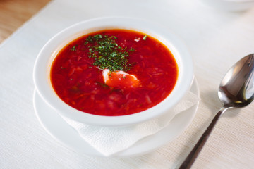 Beautiful ukranian borscht at cafe or restaurant.
