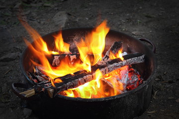 outdoor fire in a pot