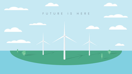 Wind farm vector symbol with wind turbines. Symbol of renewable energy, electricity, power.