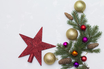 Christmas balls toys red spruce branches gold glitter new year decoration red star