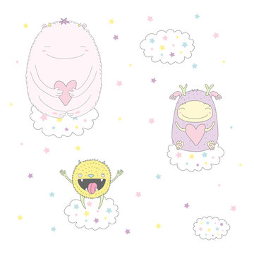 Hand drawn vector illustration of a cute funny smiling monsters, floating on clouds among the stars. © Maria Skrigan