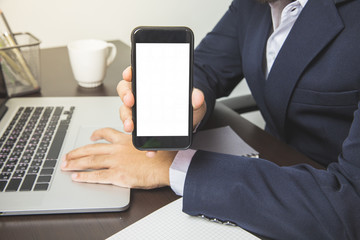 Asian business man show phone isolated technology holding for looking income marketing company finance