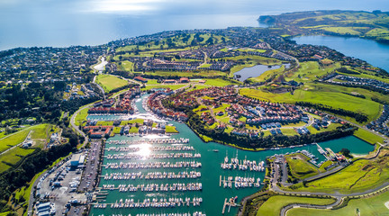 Aerial view on residential suburbs surrounded by sunny ocean harbour. Whangaparoa peninsula, Auckland, New Zealand - obrazy, fototapety, plakaty