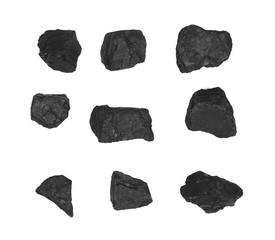 Pile black coal set, collection isolated on white background, top view
