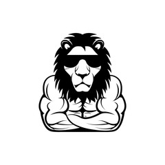 Vector fitness body with lion head, face  for retro logos, emblems, badges, labels template and t-shirt vintage design element. Isolated on white background