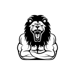 Vector fitness body with lion head, face  for retro logos, emblems, badges, labels template and t-shirt vintage design element. Isolated on white background