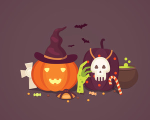 Set Halloween vector illustrations in cartoon style. Funny pumpkin, skeleton, zombie.