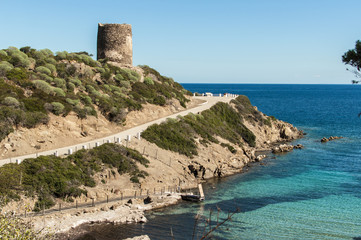 Fototapeta na wymiar Beautiful nature and medieval tower of Asinara Island