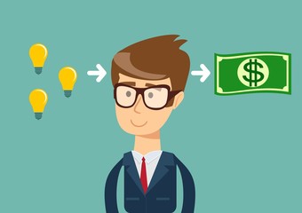 businessman makes money from idea.concept. Stock flat vector illustration.