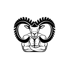 Vector fitness body with ram head, face  for retro logos, emblems, badges, labels template and t-shirt vintage design element. Isolated on white background