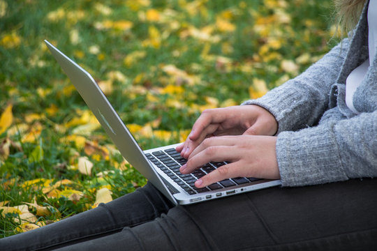 Young woman, college student dressed in gray  sweater is holding a laptop and studying outdoor with beautiful fall foliage