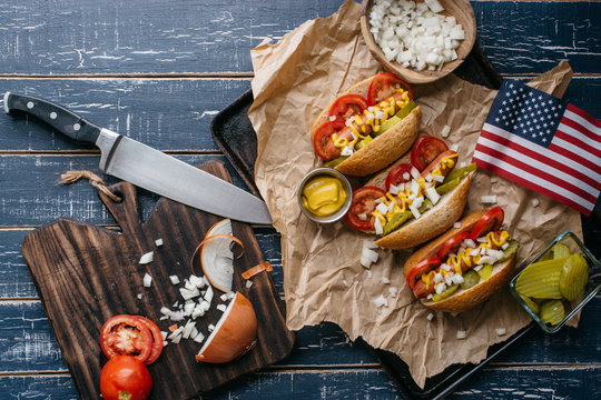 Traditional Chicago style hot dogs from above