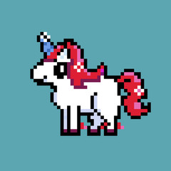 Fototapeta premium Red unicorn standing on blue background
