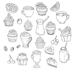 Set of cupcakes, cups of coffee, cocoa or hot chocolate, pies and tarts isolated on white background. Hand drawn vector illustration.