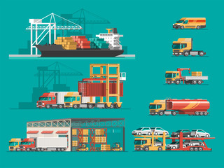 Delivery service concept. Container cargo ship loading, truck loader, warehouse, plane, train. Flat style vector illustration.