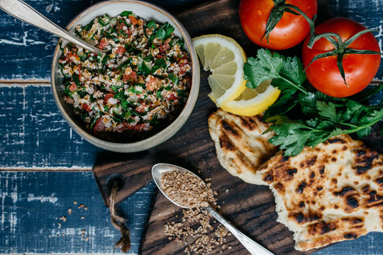 Tabbouleh bowl and ingredients from above