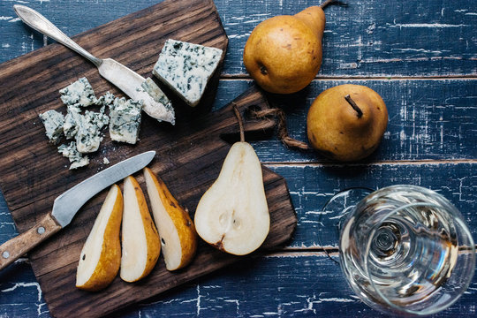 Blue cheese, bosc pears and a glass of white wine from above