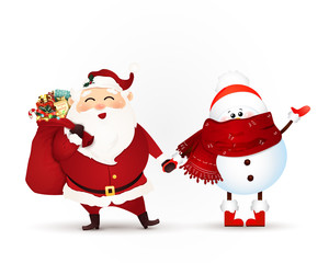 Santa Claus with gift bag full of gift boxes, christmas present and snowman waving hand isolated on white background. Vector illustration