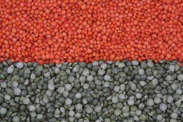 red lentils and green peas, top view