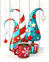 group of abstract christmas trees and red coffee cup, holiday motive, illustration