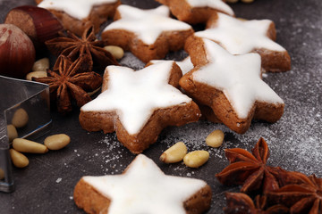 Baking christmas cookies. Typical cinnamon stars bakery