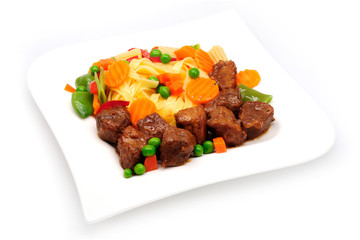 Goulash, beef stew with pasta isolated on white background