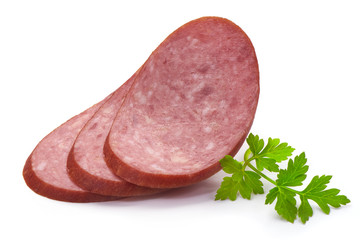 Salami smoked sausage slices isolated on white background