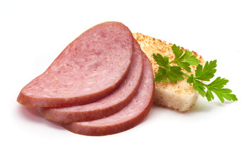 Salami smoked sausage slices isolated on white background