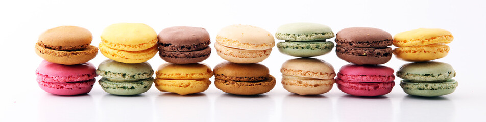 Sweet and colourful french macaroons or macaron on white background, Dessert