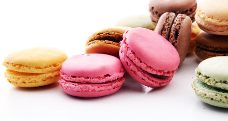 Sweet and colourful french macaroons or macaron on white background, Dessert