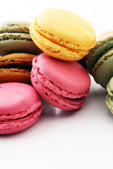 Sweet and colourful french macaroons or macaron on white background, Dessert