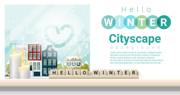 Letters spelling hello winter on wooden table top with winter cityscape background , vector , illustration