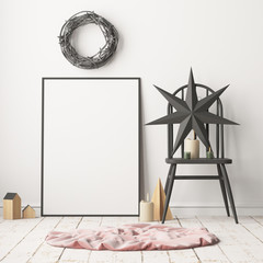 Mock up poster in the Christmas interior in Scandinavian style. 3D rendering © shuruev