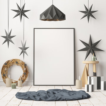 Mock up poster in the Christmas interior in Scandinavian style. 3D rendering