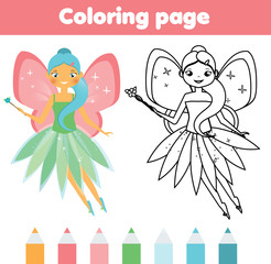 Coloring page with cute flying fairy. Drawing kids game. Printable activity
