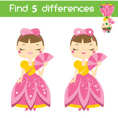 Find the differences educational children game. Kids activity sheet with princess character