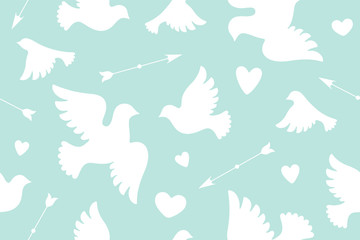 Fototapeta na wymiar Seamless pattern with white love doves, hearts, arrows. Symbol and sign of Love on color background. Graphic design wrapping paper, wallpaper, background for Valentine Day. Vector Illustration