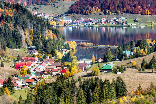 View of lake in the mountains at autumn time from above. Slovakia, Dedinky, Palcmanska Masa.