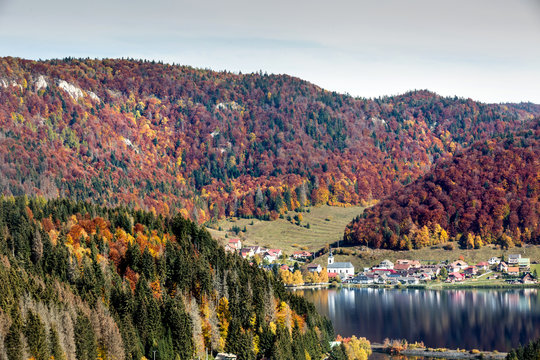 View of lake in the mountains at autumn time from above. Slovakia, Dedinky, Palcmanska Masa.