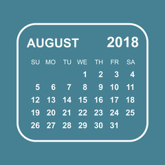 August 2018 calendar. Calendar planner design template. Week starts on Sunday. Business vector illustration.