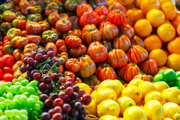 Colorful tropical fruits and vegetables background