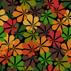 Seamless pattern. Autumn. Multicolored fallen leaves of a chestnut on a black background. Flat style. Vector image.