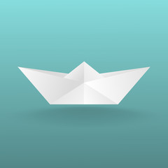 Obraz premium Children's toy boat made of paper. With a shadow on a turquoise background. Vector image.